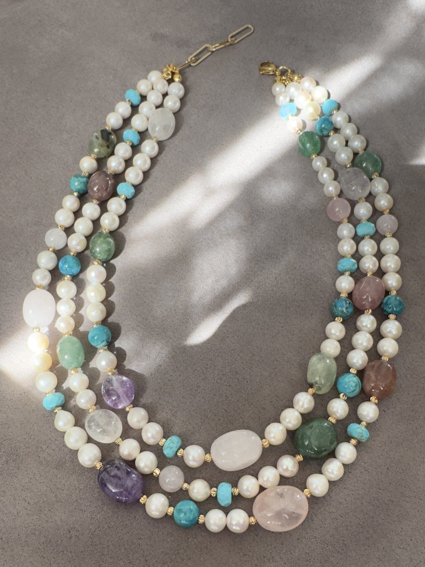 Multi strand Natural Pearl and Gemstone Necklace