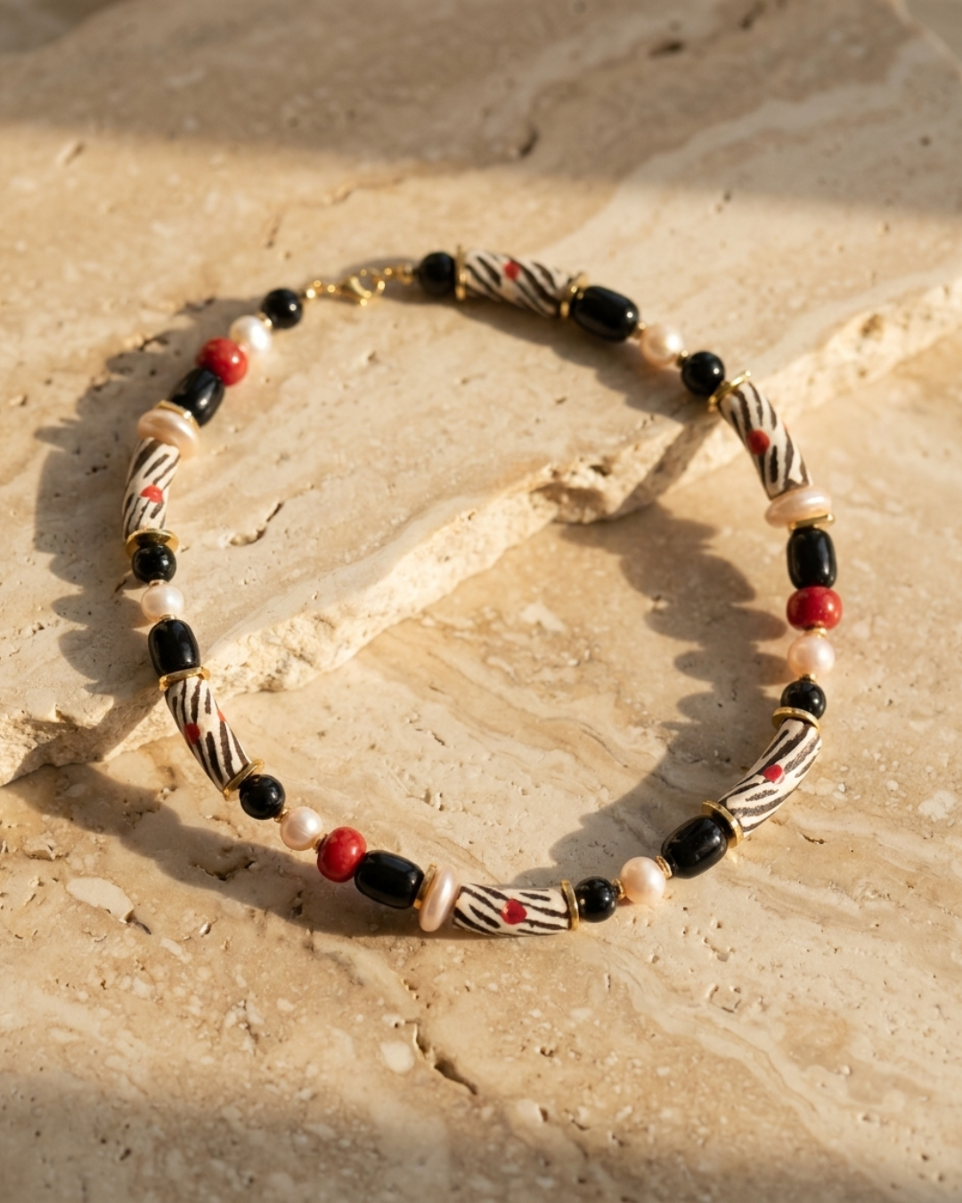 Onyx and Pearl Choker with Ghana Beads