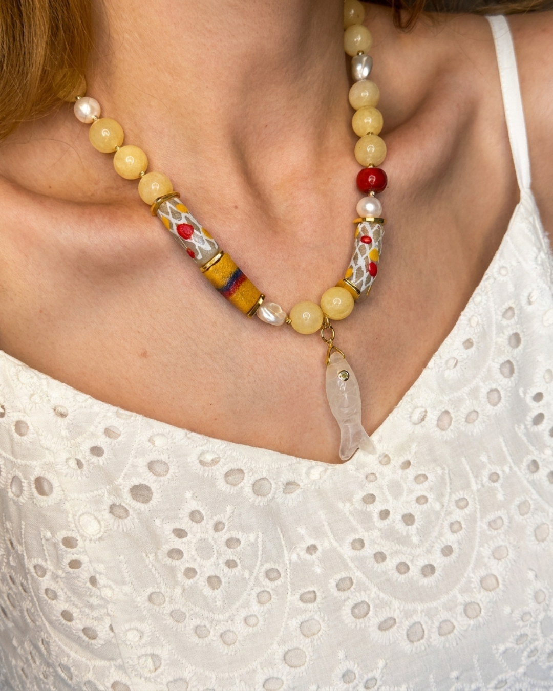 Yellow Calcite and Pearl Necklace