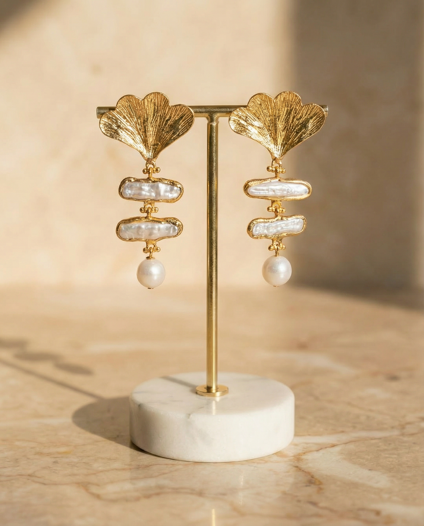 Golden Baroque Pearl Dangle Brass Earrings