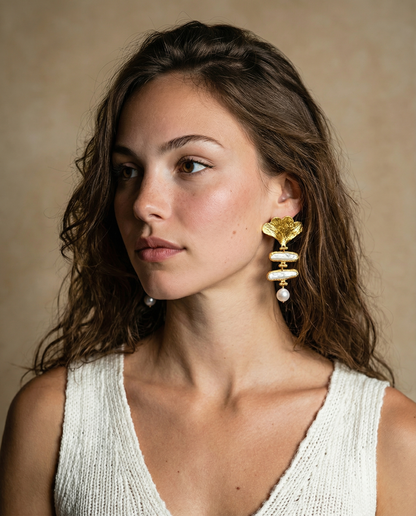 Golden Baroque Pearl Dangle Brass Earrings