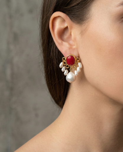 Luna Red Coral Pearl Earrings