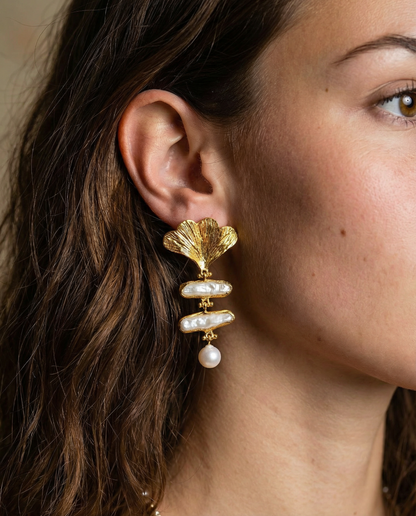 Golden Baroque Pearl Dangle Brass Earrings