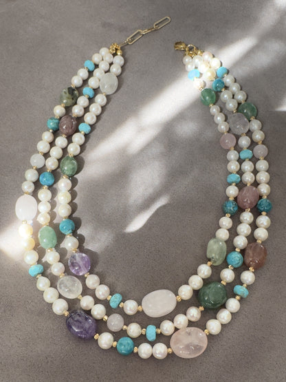 Multi strand Natural Pearl and Gemstone Necklace