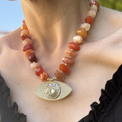 Orange Agate Necklace with Handmade Big Evil Eye Pendant