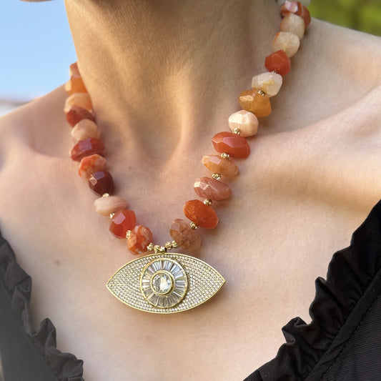 Orange Agate Necklace with Handmade Big Evil Eye Pendant