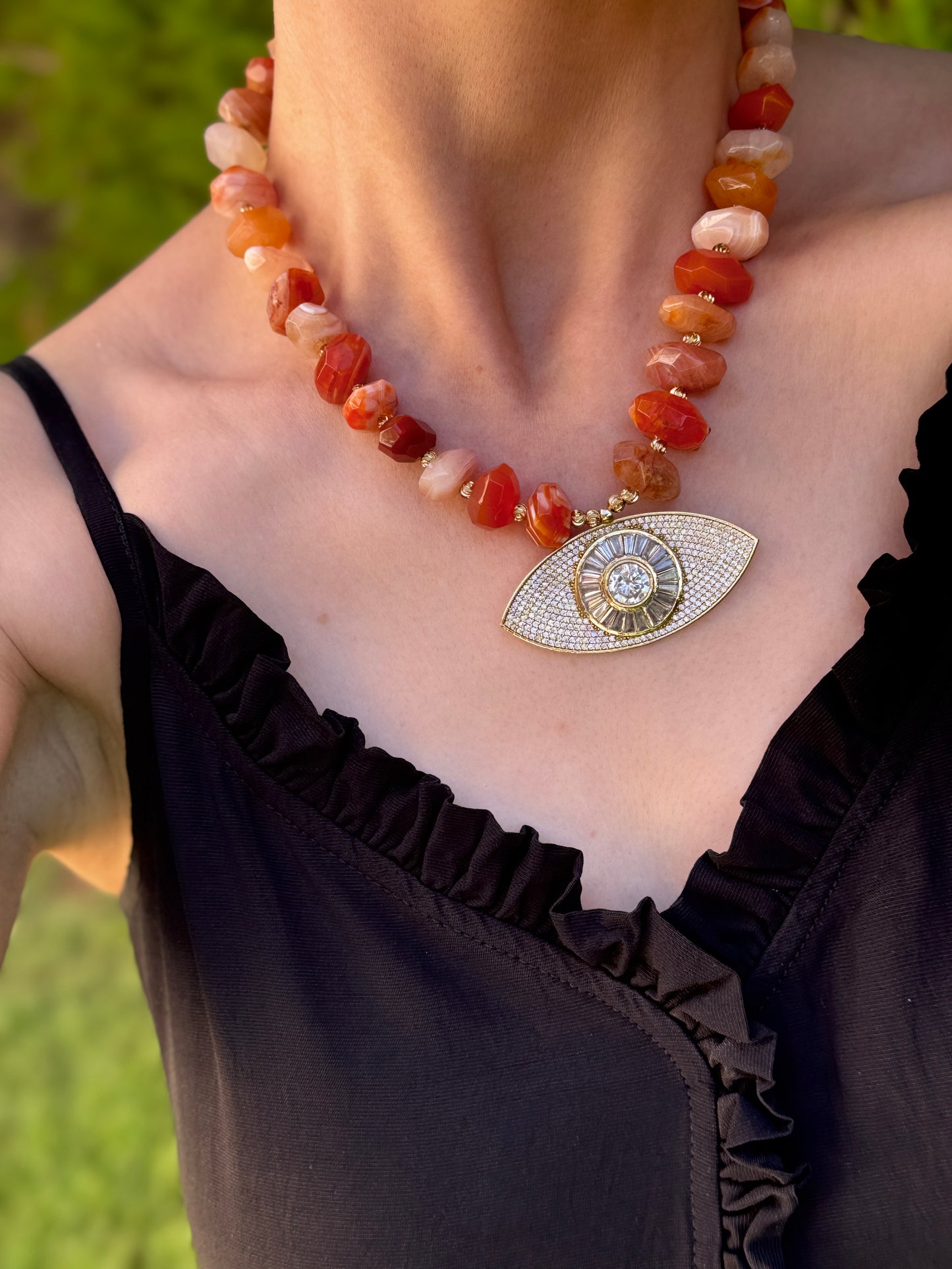 Orange Agate Necklace with Handmade Big Evil Eye Pendant