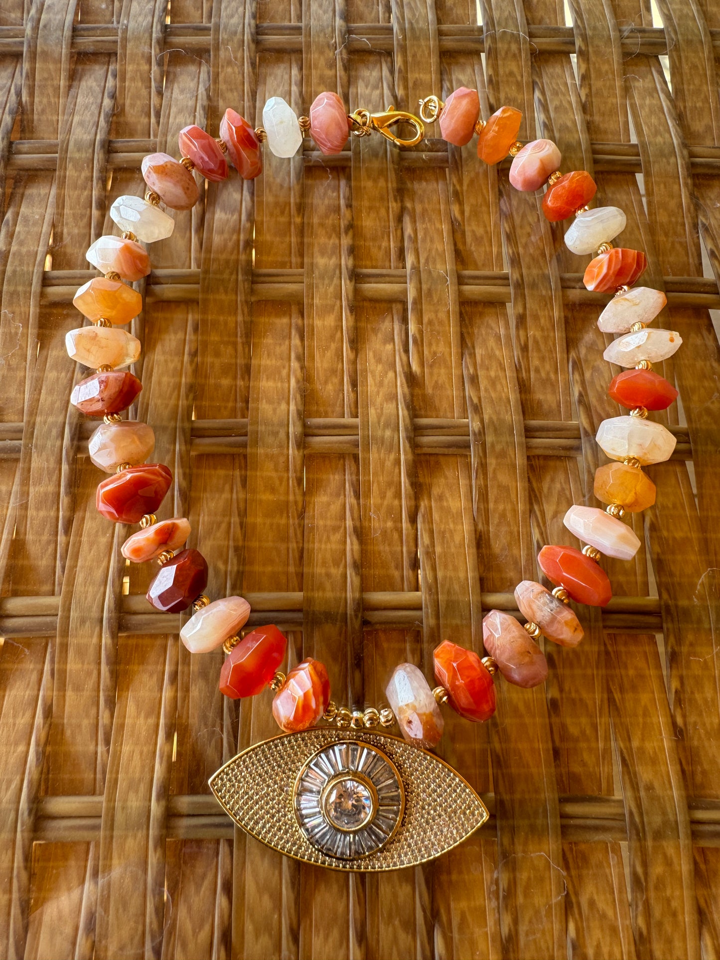 Orange Agate Necklace with Handmade Big Evil Eye Pendant