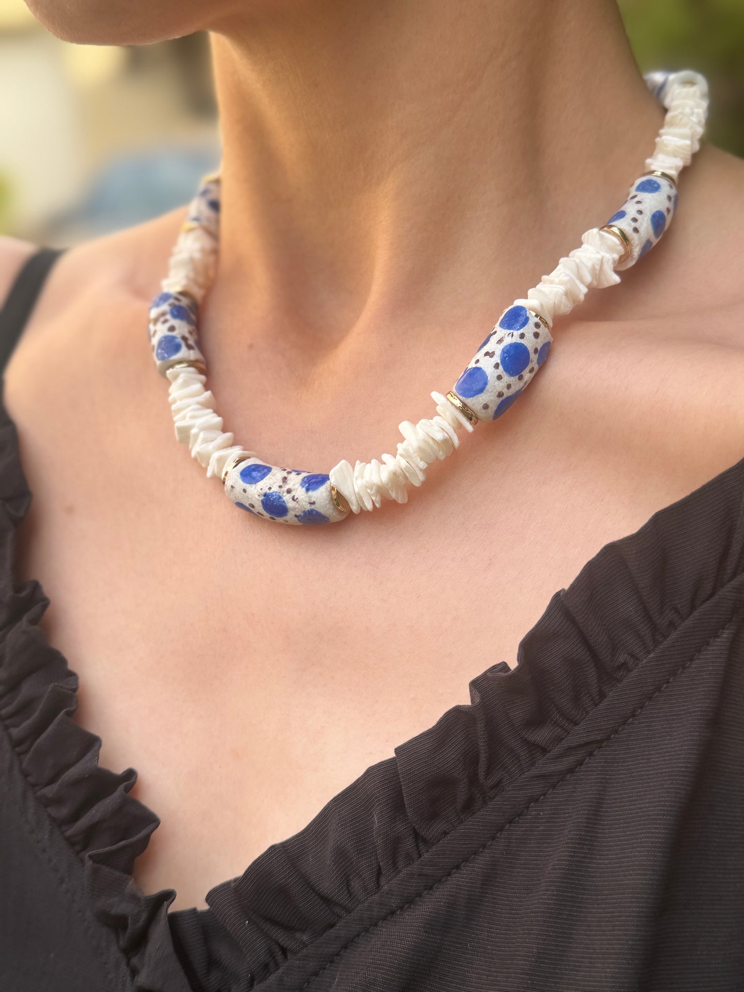 Blue Ghana Beads Necklace with Shell
