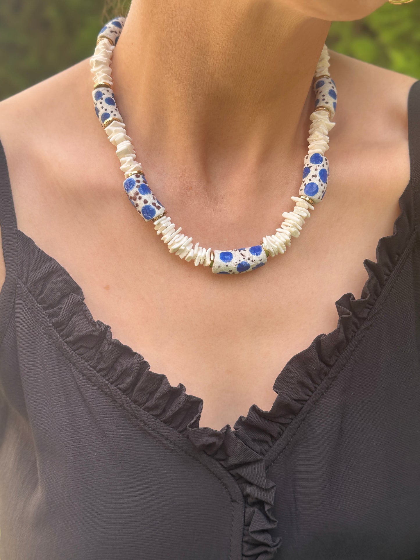 Blue Ghana Beads Necklace with Shell
