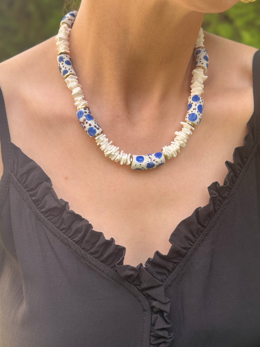 Blue Ghana Beads Necklace with Shell