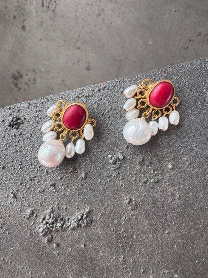 Luna Red Coral Pearl Earrings