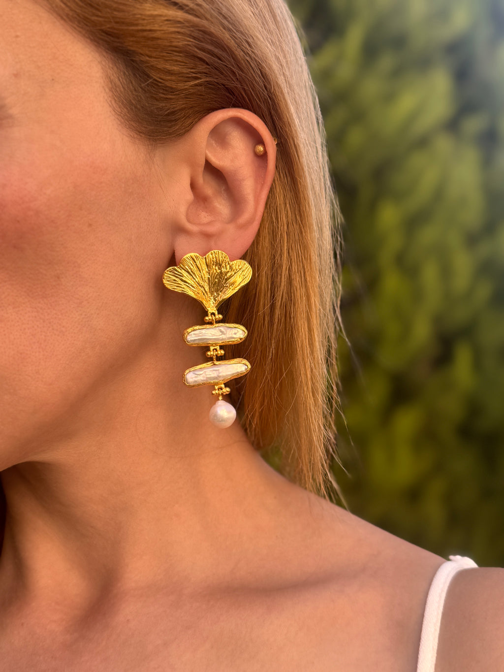 Golden Baroque Pearl Dangle Brass Earrings