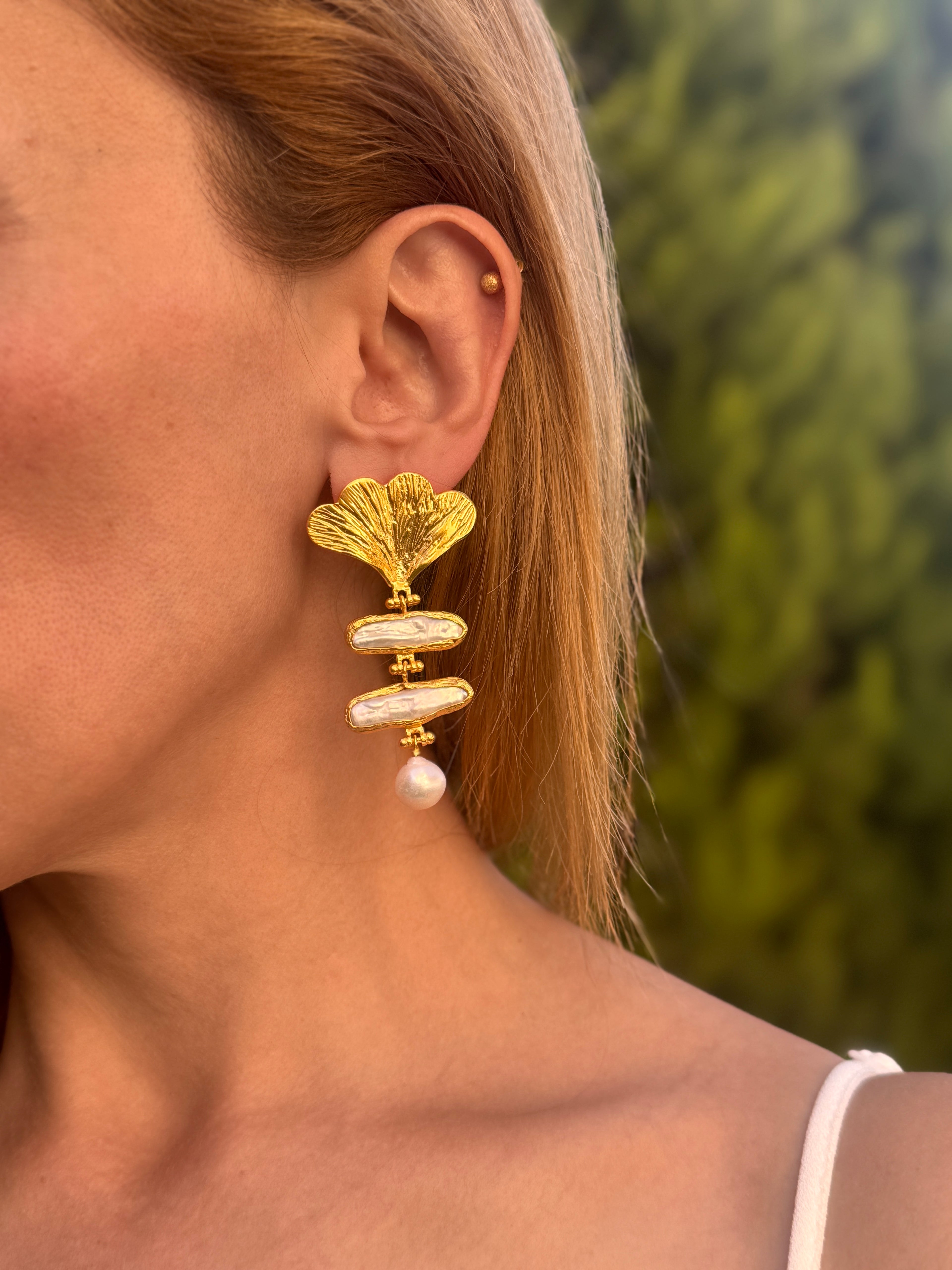 Golden Baroque Pearl Dangle Brass Earrings