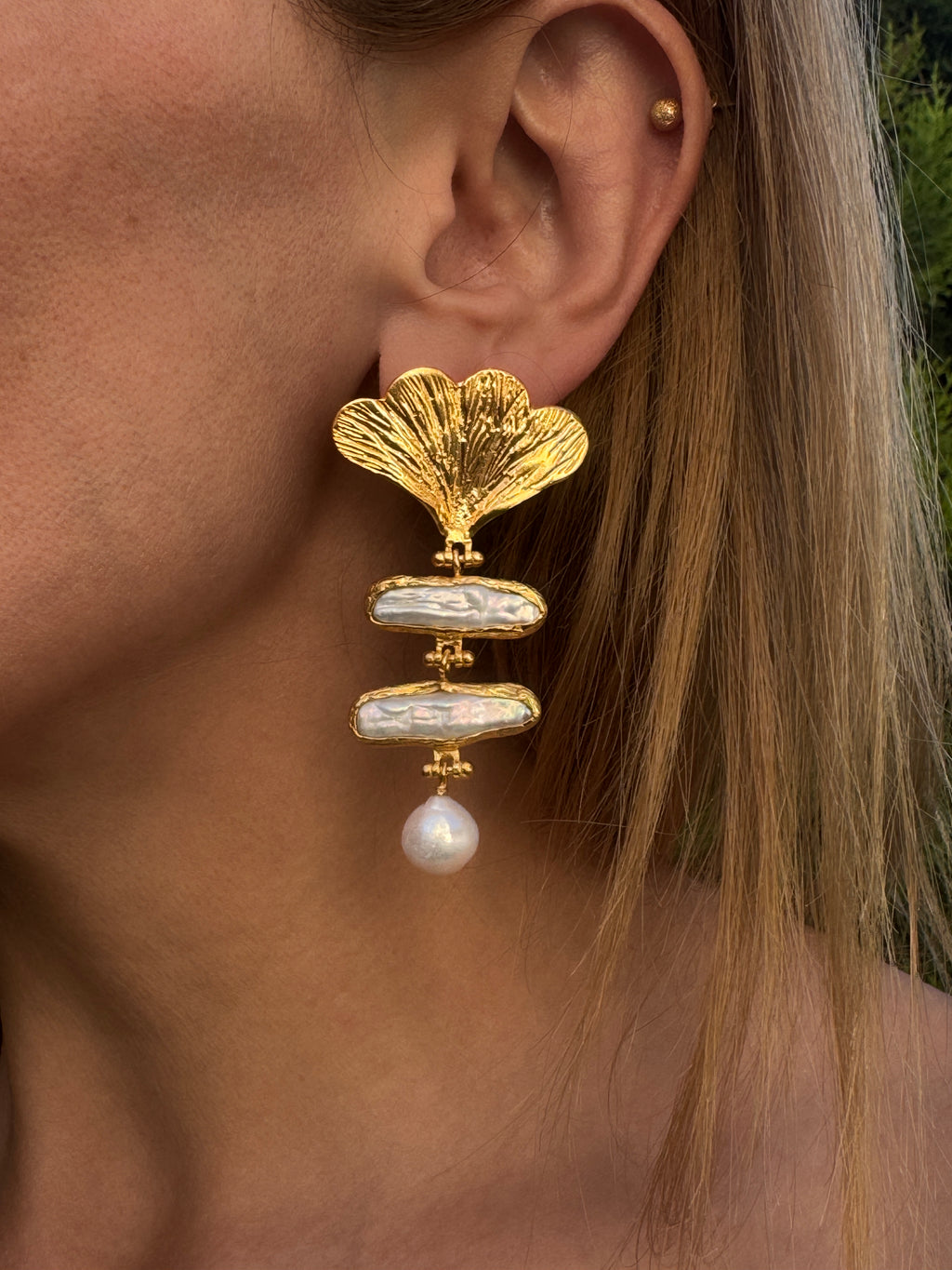 Golden Baroque Pearl Dangle Brass Earrings