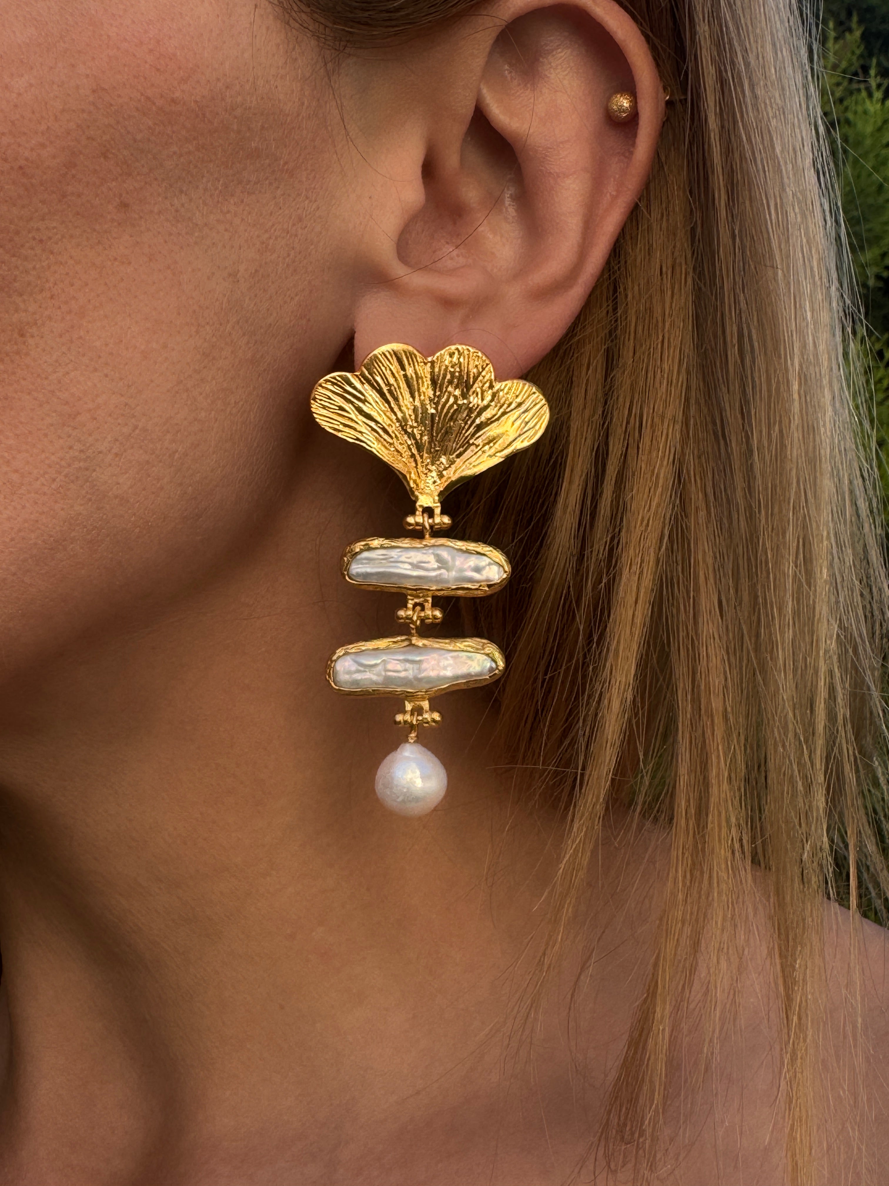 Golden Baroque Pearl Dangle Brass Earrings