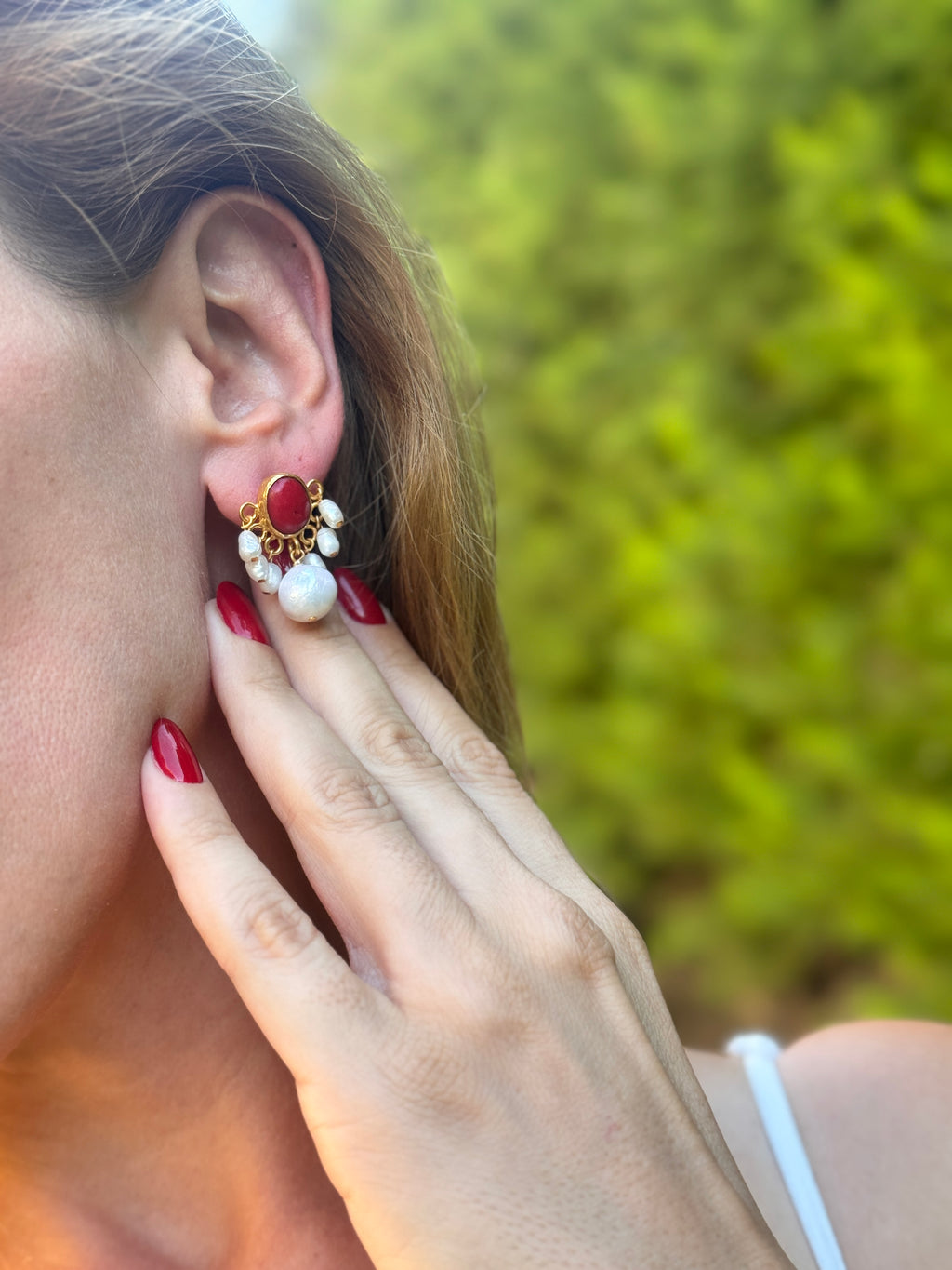 Luna Red Coral Pearl Earrings