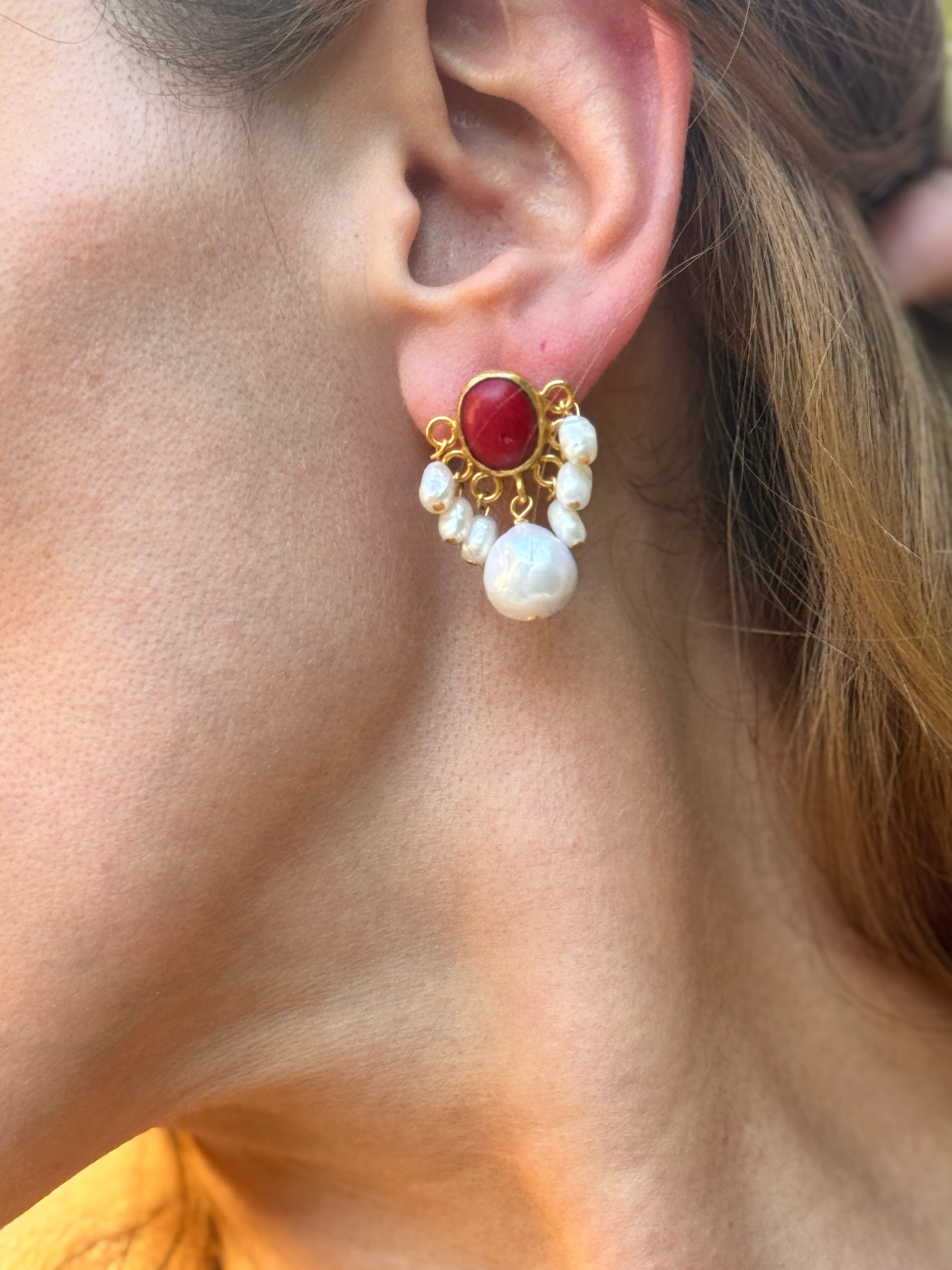 Luna Red Coral Pearl Earrings