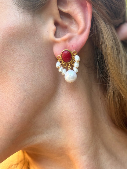 Luna Red Coral Pearl Earrings