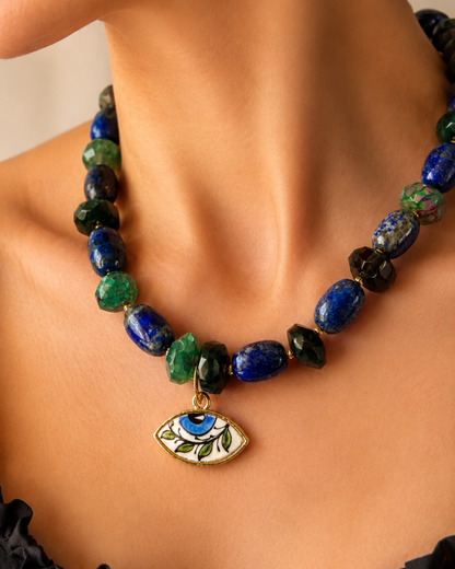 Green Agate Necklace with Evil Eye
