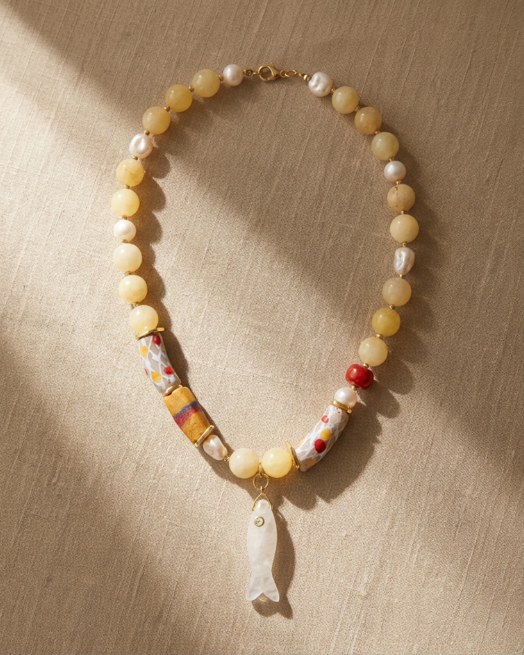 Yellow Calcite and Pearl Necklace