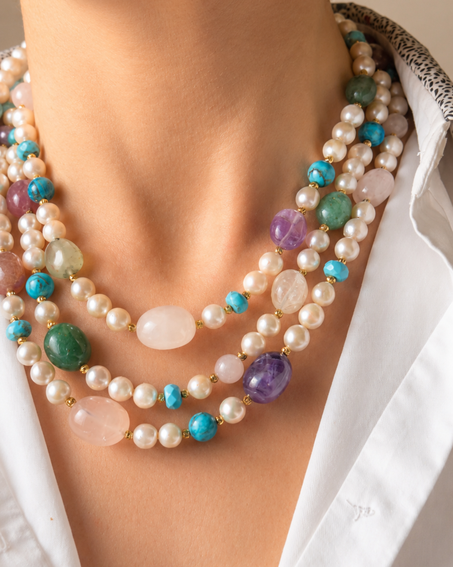 Multi strand Natural Pearl and Gemstone Necklace