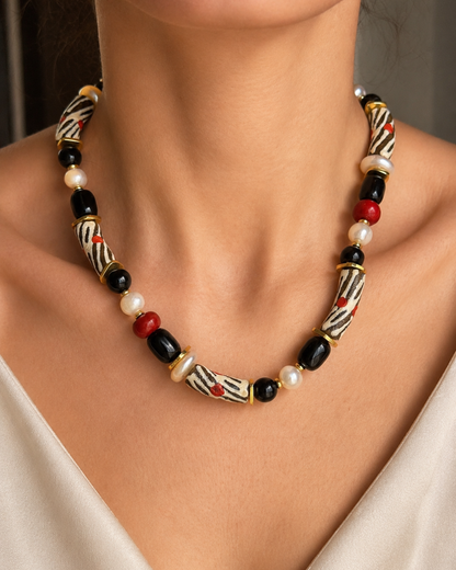 Onyx and Pearl Choker with Ghana Beads