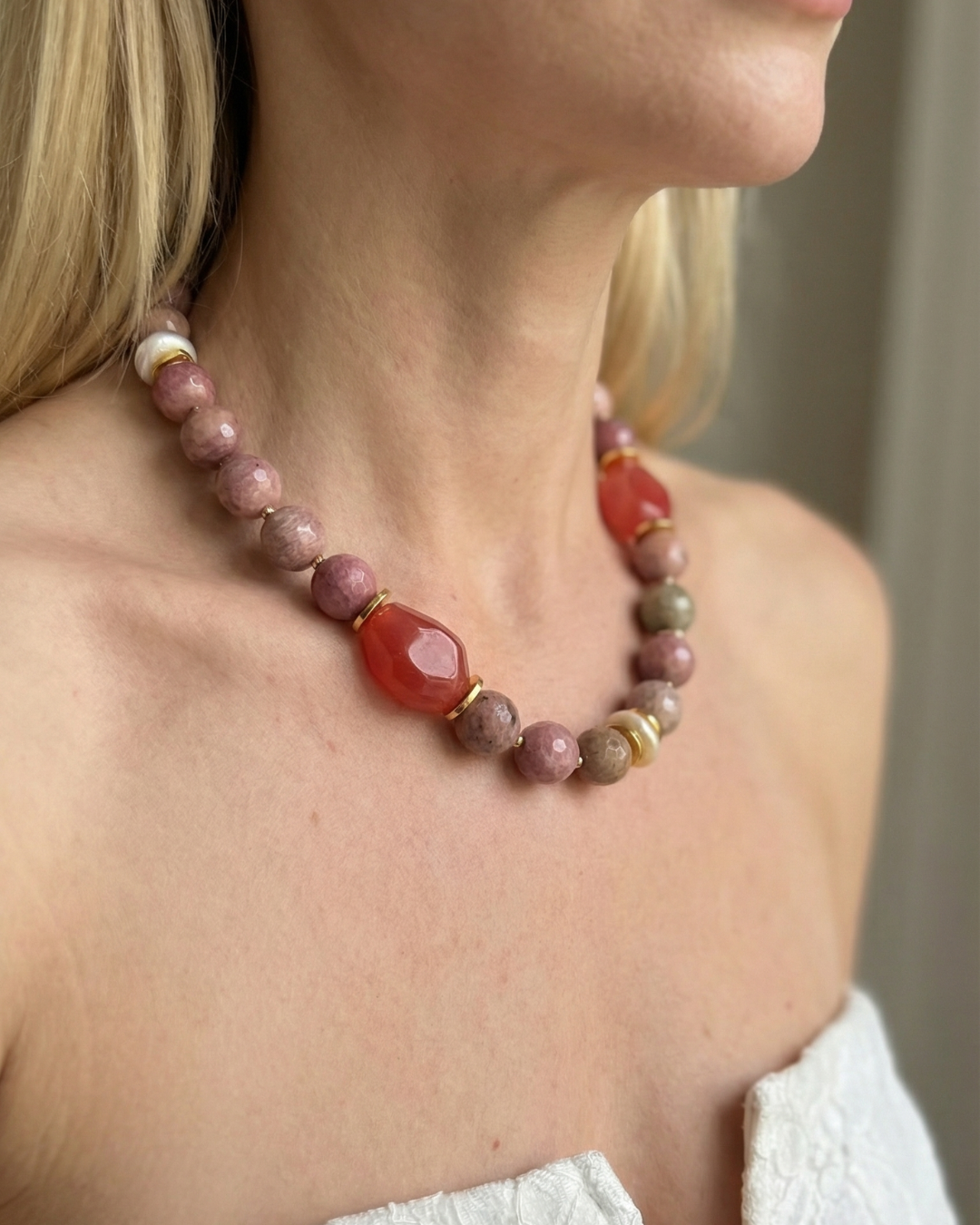 Rhodonite Pearl Necklace