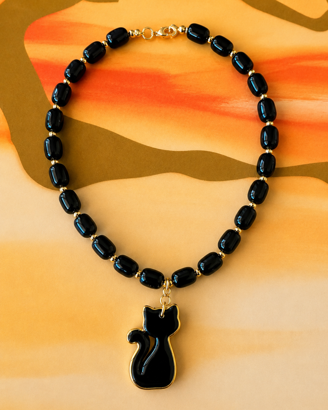 Ceramic Cat Charm Necklace with Black Onyx Stones